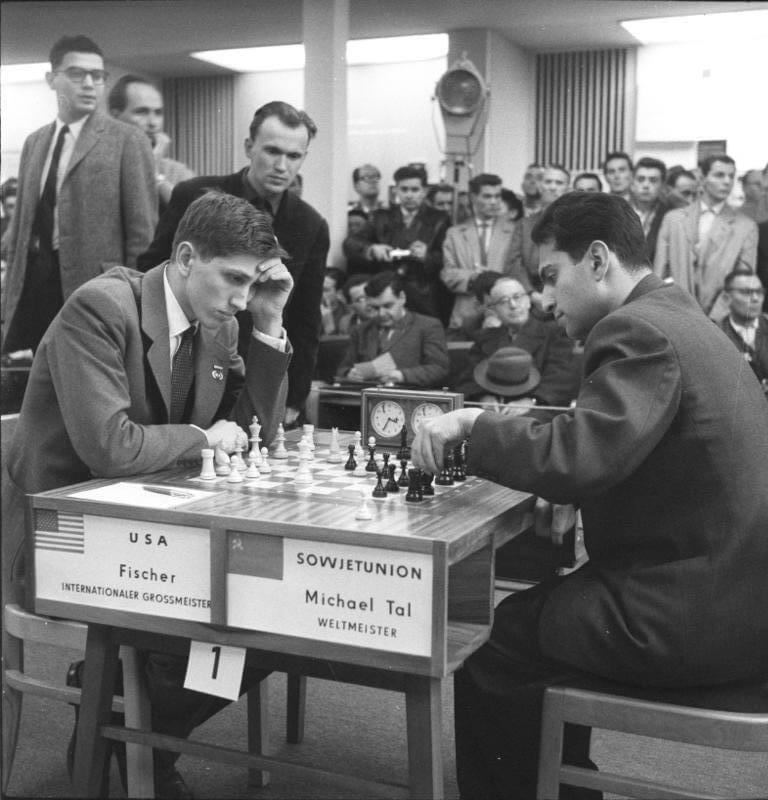 Bobby Fischer and Mikhail Tal at the 14th Chess Olympiad, 1960 in Leipzig.
