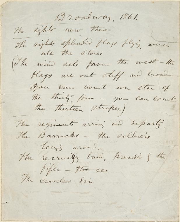 Whitman's handwritten manuscript for "Broadway, 1861"