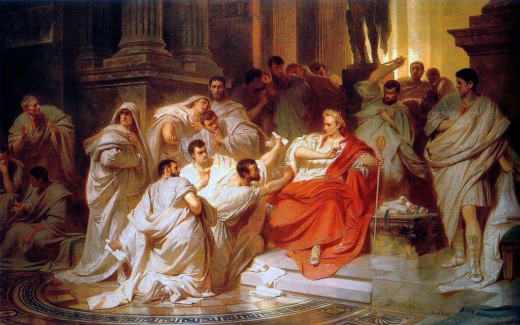 The senators encircle Caesar, a 19th-century interpretation of the event by Carl Theodor von Piloty.